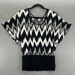 Vintage Agenda Black/White Geometric Print Elastic‎ Waist Blouse Made In USA M